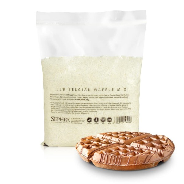 Sephra Belgian Waffle Mix, 5lb bag. Just add water! Vegan, Nut Free and Kosher Dairy. For delicious Belgian Waffles for breakfast, lunch and dinner, every time.