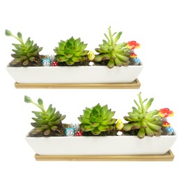 WISH HALLY WOOD White Ceramic Succulent Planter Pots,2 Set of 11inch Long Rectangle Flower Plant Containers with Bamboo Saucers.