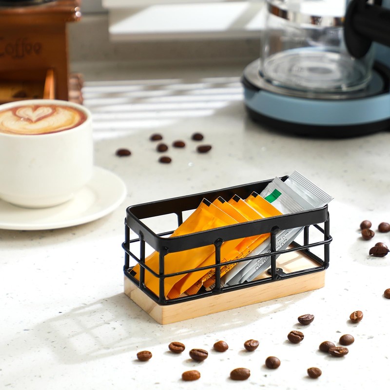 Blulu Sugar Packet Basket Iron Sugar Organizer with Wooden Base