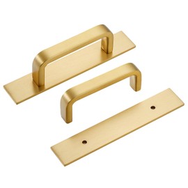 SNBTLA Solid Brass Cabinet Pull with Backplate, 2 Pack Brushed Gold Modern Drawer Handle for Cabinets Drawers and Wardrobes（2, Brushed Gold, 3 Inch(76mm) Hole Centers