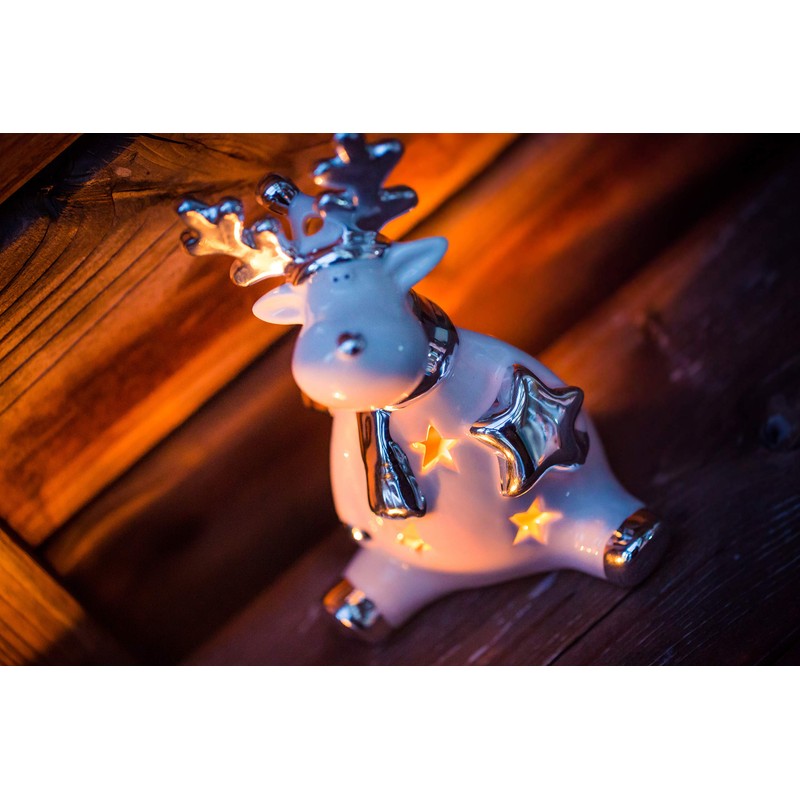 DARO DEKO Ceramic reindeer tea light holder, silver-white, 11 x