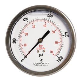 4" Oil Filled Pressure Gauge - Stainless Steel Case, Brass, 3/8", Center Back Mount Connection, 0-1,000PSI