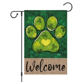 Wodison St Patricks Day Garden Flags for Outside 12x18 Inch Double Sided, Dog Paw Shamrocks Welcome Lucky Clover Yard Outdoor Holiday Flag