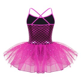 JEATHA Kids Girls Shiny Sequins Mermaid Scales Printed Ballet Dance Leotard with Mesh Tutu Skirt Dancewear Rose Red 8