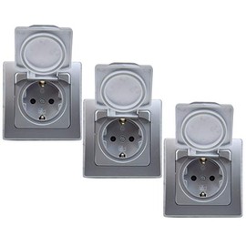 DELPHI Socket IP44 with Protection Lid Flush-Mounted Wet Room Rubber Seal Grey Silver