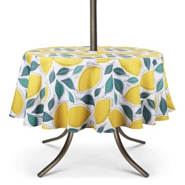 UMINEUX Outdoor Tablecloth with Umbrella Hole and Zipper, Spring/Summer Waterproof Table Cover for Picnic/BBQ/Garden(60" Round,Lemon)