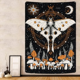 Krelymics Moth Tapestry Mushroom Tapestry Sun and Moon Tapestries Moon Phase Tapestry Celestial Star Tapestry Wall Hanging for Room(51.2 x 59.1 inches)