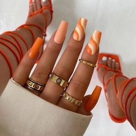MISUD Press on Nails - Long Coffin Glue on Nails with Orange Swirl, Acrylic Summer Design 24 pcs