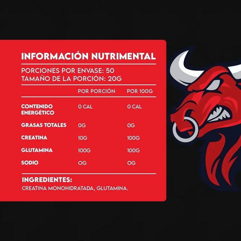 Suplemento Creatina Glutamina Bull Protein 1kg 50servicios