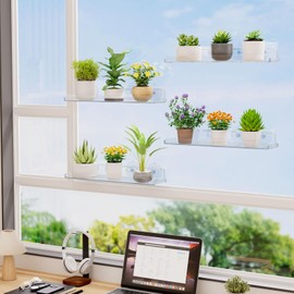 Lifewit Window Plant Floating Shelves 14.6x3.6, 2 Pack Acrylic Suction Cup Shelf, Window Sill Extender for Indoor Succulent Plants, Micro Greens, Seed Starter Pots, Herb Planters 37 x 9 cm/14.6x3.6
