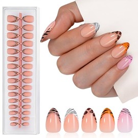 5 paquetes de 160 uñas postizas francesas con punta de leopardo, cortas, almendradas, con rayas, para decoración de manicura, 16 tamaños