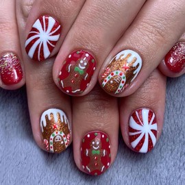 Christmas Red Nails Press on Nails Short Oval Fake Nails Gingerbread Man Candy Canes with Designs Glitter Stripe Full Cover Acrylic Nails Winter Xmas Snow Artificial False Nails for Women Girls 24Pcs