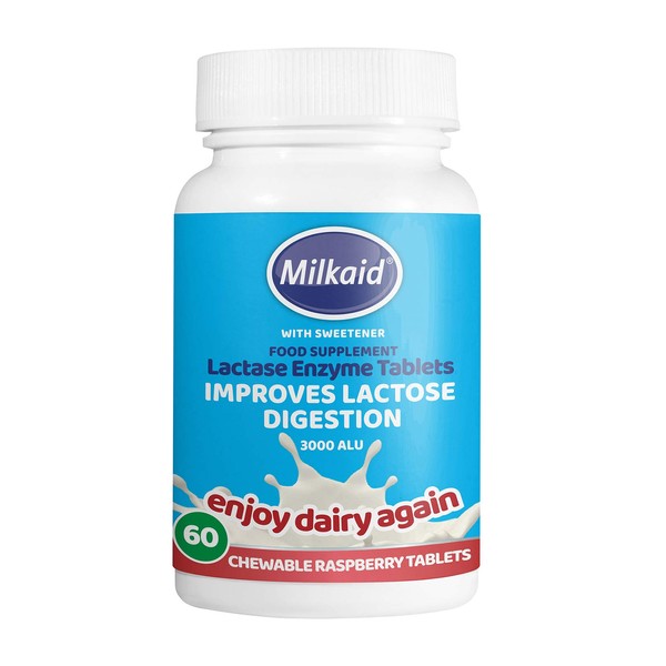 Milkaid Lactase Enzyme Chewable Tablets for Lactose Intolerance Relief | Prevents Gas, Bloating & Diarrhoea | Fast Acting Dairy Digestive Supplement | Gluten Free & Vegan | 60 tablets
