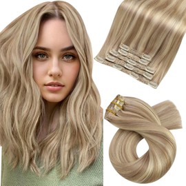Moresoo Clip in Hair Extensions for Women Blonde Highlight Clip ins Human Hair Dark Honey Blonde with Medium Blonde Rallonge Cheveux Humain Clip Blond 18 Inch 80g/5pcs