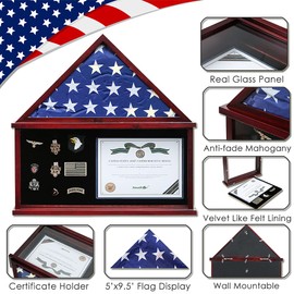 Flag Display Case Large Military Shadow Box Fits a Folded 5'x9.5' Veterans Burial Memorial Funeral Flag with Certificate Document Holder Frame and Felt Lining for Badges and Medals, Mahogany Finish