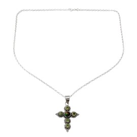 NOVICA Artisan Handmade Peridot Cross Necklace Artisan Crafted Sterling Silver Reconstituted Turquoise Green Pendant India Flash Greenery Birthstone [necklace Length 18 in L Necklace Width 2 mm W Pen]