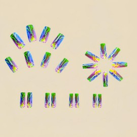 24 Pcs Press on Nails Medium Length Square Shaped False Nails Aurora Green Lightning Design Glitter False Nails Full Cover Sparkly Acrylic Stick on Nails for Women Nails Manicure Decoration