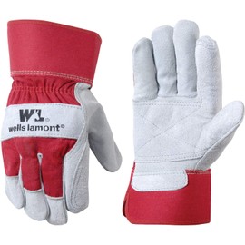 Wells Lamont Guantes de trabajo de cuero con puño de seguridad, doble palma, piel de vacuno dividida, talla única (4050), negro, grande, rojo