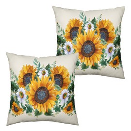Kwlegh Sunflower Pillow Covers 18x18 Set of 2 Spring Summer Outdoor Pillow Covers Sunflower with Eucalyptus Leaves Pillow Case Farmhouse Cotton Linen Cushion Case for Sofa Outdoor Patio