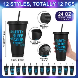 Jingmore 12 Set/24 Pcs Gaming Party Favors Set Include 24oz Video Game Plastic Cups with Lids & Straws and Silicone Bracelets Wristbands, Reusable Plastic Tumblers for Gamer Birthday Party (Black)