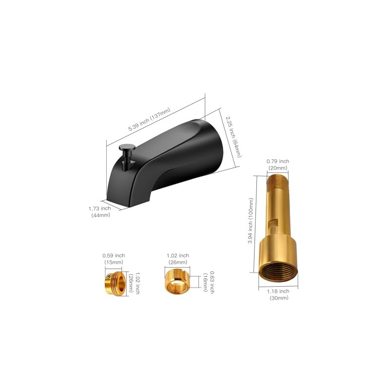 Matte Black Bathtub Spout with Diverter, All Metal, Brass, 5.3