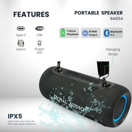 ROYAL AUDIO RAS02 Wireless Portable Bluetooth Speaker with IPX5 Waterproof Design, Bassboom Stereo Sound, TWS Pairing, 7 Hours Playtime, RGB Lights and FM Radio for Home and Outdoor Use (Black)