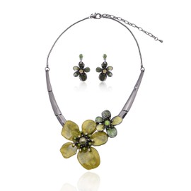 AMYJANE Chunky Statement Jewelry Set - Vintage Spring Green Hibiscus Flower Petal Floral Bohemian Boho Bib Statement Necklace Earring Set Crystal Rhinestone Pearl Fashion Costume Jewelry for Women