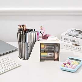 YXE Rotating Desk Organizer with 2 Drawer,360°Rotating Pen Holder for Desk with 6 Card Slots,Suitable For Storing Various Office Supplies, Stationery, Pens,makeup product (White)