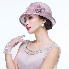 Sinamay Flower Bowler Hats for Women Elegant Sun Protection Cap Ladies Sunshade Formal Occasion Wedding Millinery Light Purple