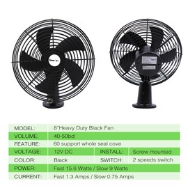 Homdec 12V RV Cooling Fan with 2-Speed Switch, 8.75-Inch Heavy Duty Black Metal Fan 12Volts DC, use for Auto, Truck, RV, Car, Boat, and Buses