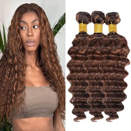 Dokksiiia Brown Ombre Bundles P430 Deep Wave Human Hair Bundles Highlight Piano Color P4/30 Chocolate/Light Brown Two-Tone Weave Brazilian Human Hair Extensions 16 18 20 Inch