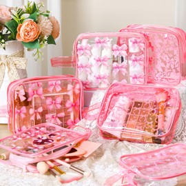 Kacctyen 6 Pcs Coquette Pink Bow Makeup Bags Gifts Accessories for Cosmetic Bags Pink Bow Gift Clear PVC Cheer Case Toiletry Zipper Pouch Waterproof Travel Toiletry Handbag Purses Organizer for Women