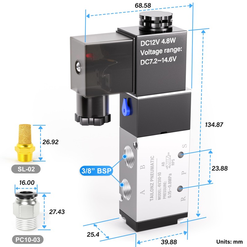 TAILONZ PNEUMATIC 3/8 Inch BSP Solenoid Valve 12V Single Coil