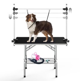Dog Grooming Table, Adjustable Large Pet Drying Desktop, Foldable Bathing Desk with Arms, Noose, Mesh Tray, Maximum Capacity Up to 330Lb, 42in, Black