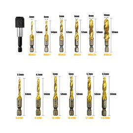 13 Pcs Titanium Combination Drill and Tap Bits Set, SAE/Metric Thread Tap Drill Bits Set for Drilling Deburring Tapping Countersinking, 3-in-1 Bit Tool with Quick Change Adapter