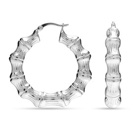 LeCalla Sterling Silver Bamboo Earrings for women - 925 Pure Silver Bali 40 mm Thick Women's Hoop Earrings