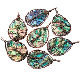 Nupuyai Crystal Stone Abalone Shell Pendant Necklace for Women, Men's Copper Wire Wrapped Seashell Pendant