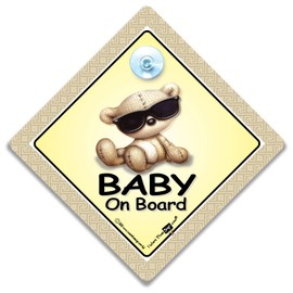 Baby On Board Car Sign, Suction Cup Car Sign For Baby or Kids In Car, Baby Bear In Sunglasses Baby On Board Sign Style For Child In The Car