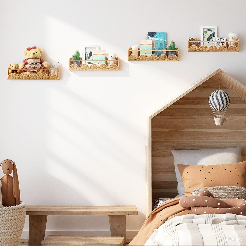 Pinkunn 4 Pcs Scalloped Rattan Wall Shelves Boho Floating Rattan