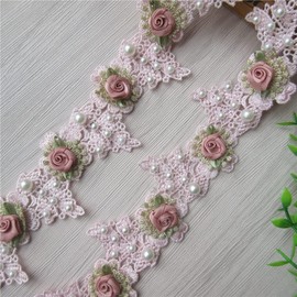 100cm Vintage Pearl Rose Flowers Lace Trim Fabric Rhinestone Embellishment Floral Appliques Lace Ribbon Ornaments Handmade DIY Sewing Craft for Costume Hat Decoration 1.96" Wide (Pink)