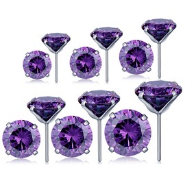 Infinite U 6 Pairs Pairs 925 Sterling Silver 4-10mm 4 Claws Hearts and Arrows Purple Cubic Zirconia Ear Studs Earring Set Earbob for Women/Girls