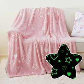 Bunnikins & Clover Glow in The Dark Pink Heart Stars Throws Blanket 50x60in, Soft Warm Cozy Blanket for Girls Birthday Gift for Kids 3-12 Age Girls and Boys Gifts Blanket Bedding Gifts