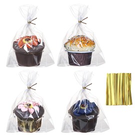 100 Pcs 5x6.5" Cellophane Muffin Bags with Gold Twist Ties – Commercial-Grade Flat-Bottom Design for Cupcakes, Cookies & Pastries (Fits Macarons/Chocolates/Strawberries) – Reusable