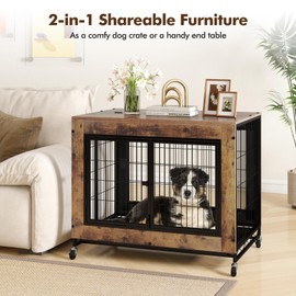 Giantex Dog Crate Furniture with Wheels, 38" Dog Kennel Indoor with 3 Doors, Flip Top Lid, Removable Pull-Out Tray, Modern Dog Cage Pet House End Table for Large Dogs, Rustic Brown