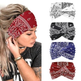 Women's Wide Elastic Soft 4 Pieces Summer Boho Headband Print Hair Accessories Yoga Sports Hair Band Multicoloured Thin Headbands (Multi-Colour-D)