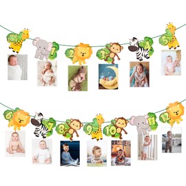 1st Birthday Baby Photo Banner for Newborn 1 to 12 Months, Jungle Animal Monthly Milestones Photograph Bunting Garland, First Birthday Celebration Photo Booth Props Party Decoration