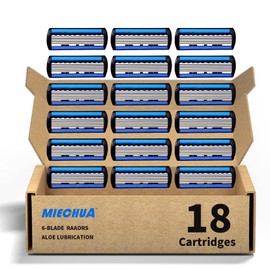 Mens Razor 6 Blade Refills，6 Blade Razor Cartridges with Lubricating Strip,Delivers a Clean, Close Shave,18 Count - blue