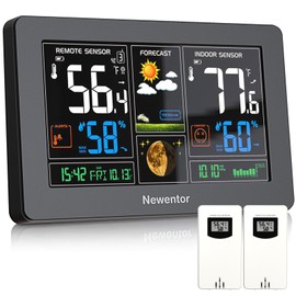 Newentor Weather Station Wireless Indoor Outdoor Thermometer, Color Display Digital Weather Thermometer with Atomic Clock, Barometric Pressure, Forecast Station with Adjustable Backlight,Black,2Sensor