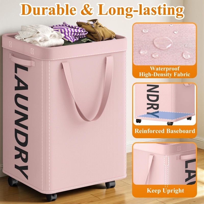 Optish Pink Laundry Basket with Wheels, Dorm Room Essentials Girl,