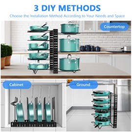 XSUPER Pots and Pans Organizer for Cabinet, 8 Tier Pot Rack Organizer with 3 DIY Methods, Adjustable Pot Lid Holders & Pan Rack for Kitchen Organizers & Storage, Black